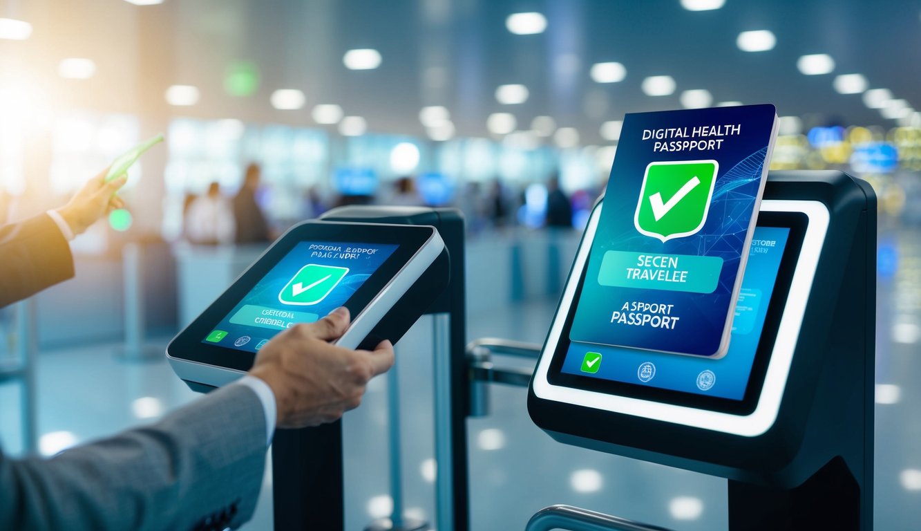 A futuristic airport security checkpoint scans a digital health passport for a traveler. The passport displays a green checkmark, allowing the traveler to proceed