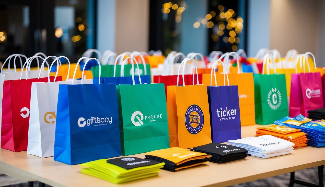 A table filled with colorful gift bags, branded merchandise, and assorted items arranged for a giveaway event