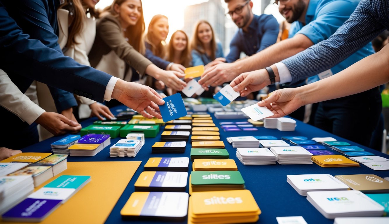 A table with various promotional items such as branded merchandise, gift cards, and samples displayed. A crowd of people eagerly reaching out for the items