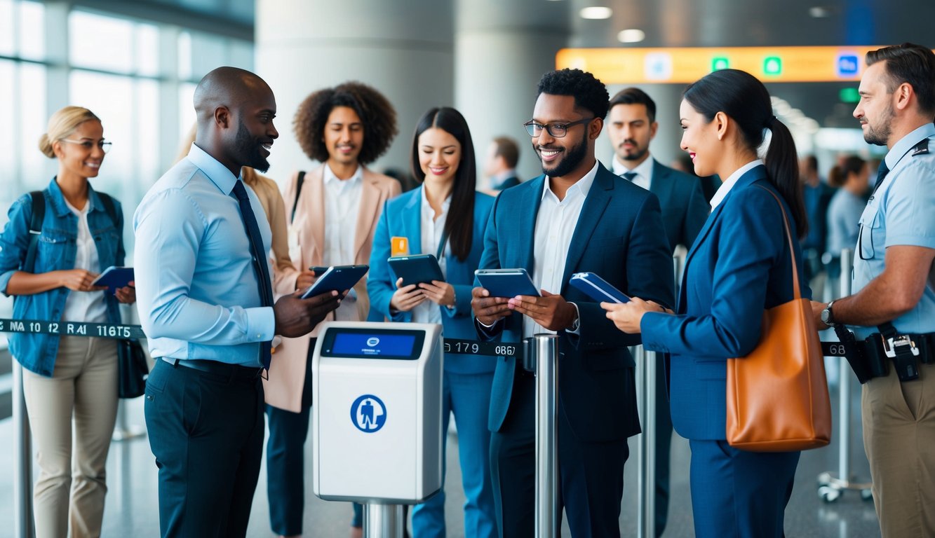 A diverse group of people at airport security, with digital health passports being scanned and verified for global travel