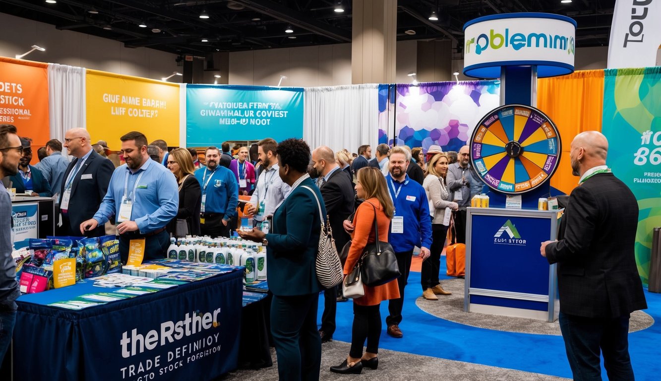 A bustling trade show booth with colorful banners, branded merchandise, and a spinning prize wheel. Attendees eagerly line up to participate in the giveaway contest