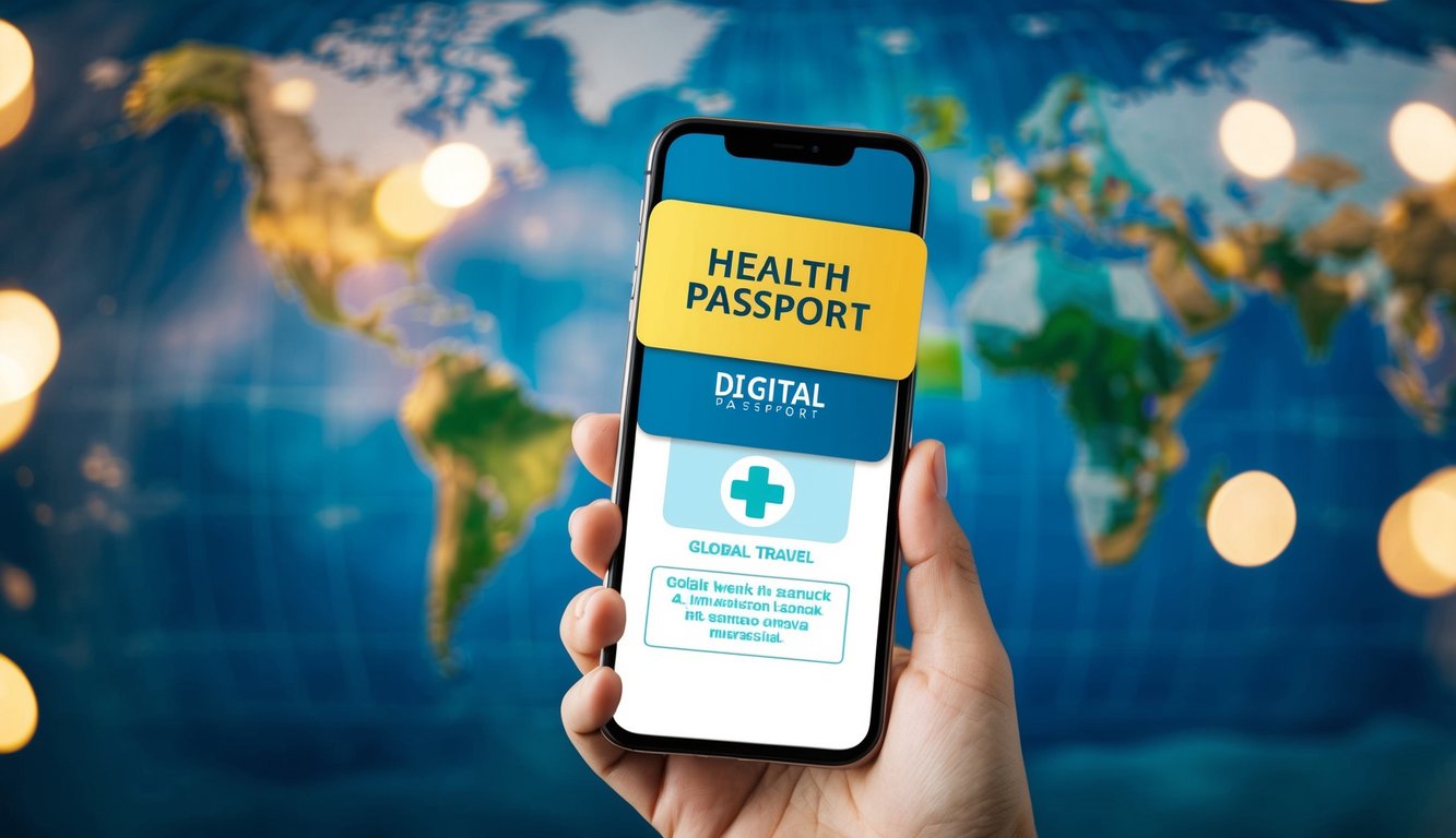 A digital health passport displayed on a smartphone screen, with a world map in the background, symbolizing global travel and positive impacts