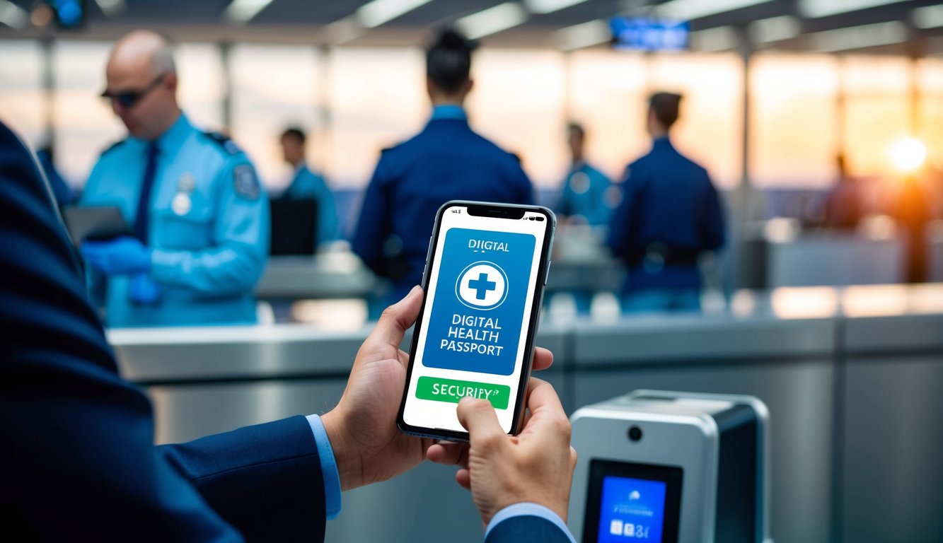 A traveler scanning a digital health passport on a smartphone at an airport security checkpoint