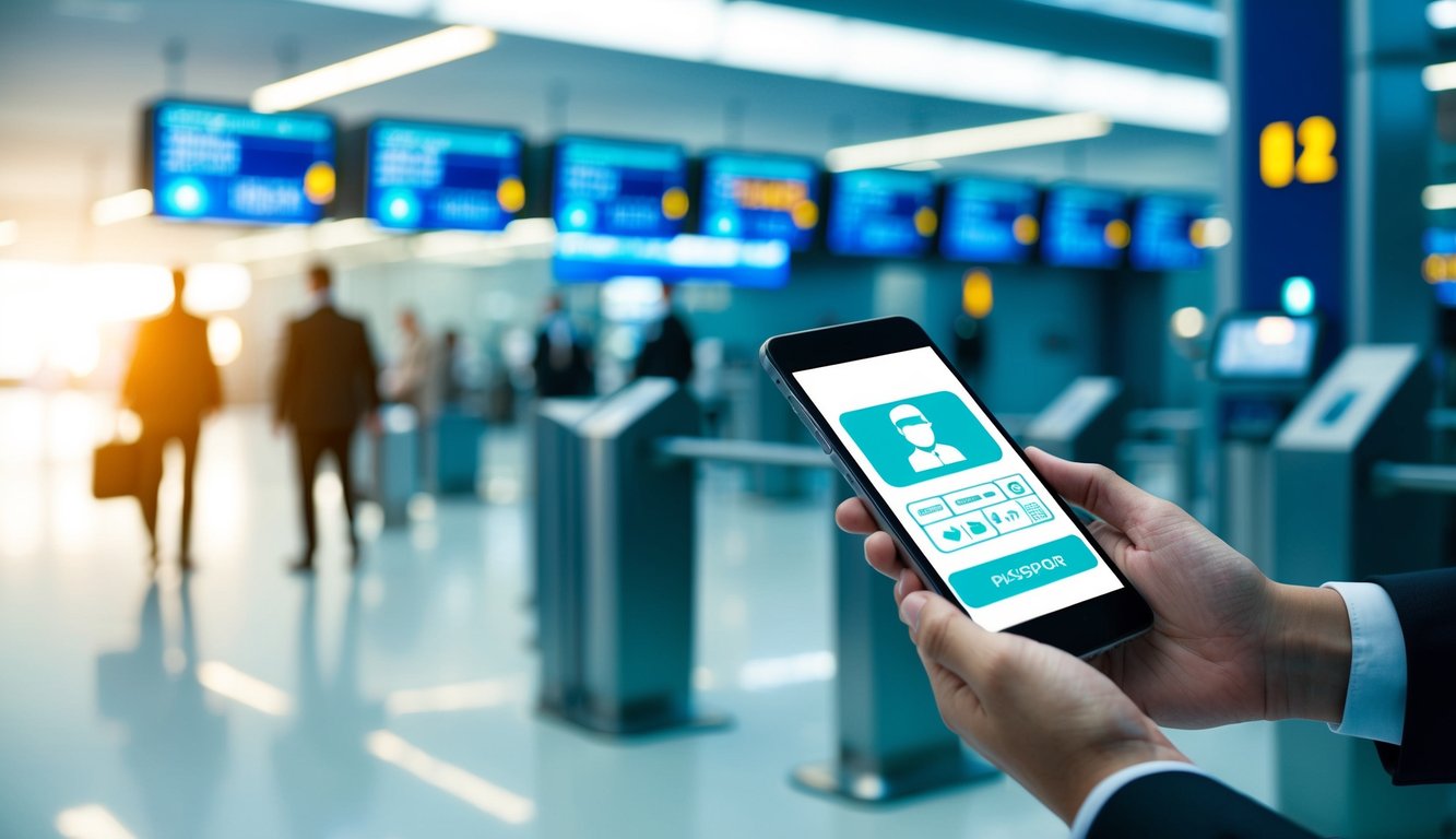 A futuristic airport security checkpoint with travelers using digital health passports on their mobile devices for seamless global travel