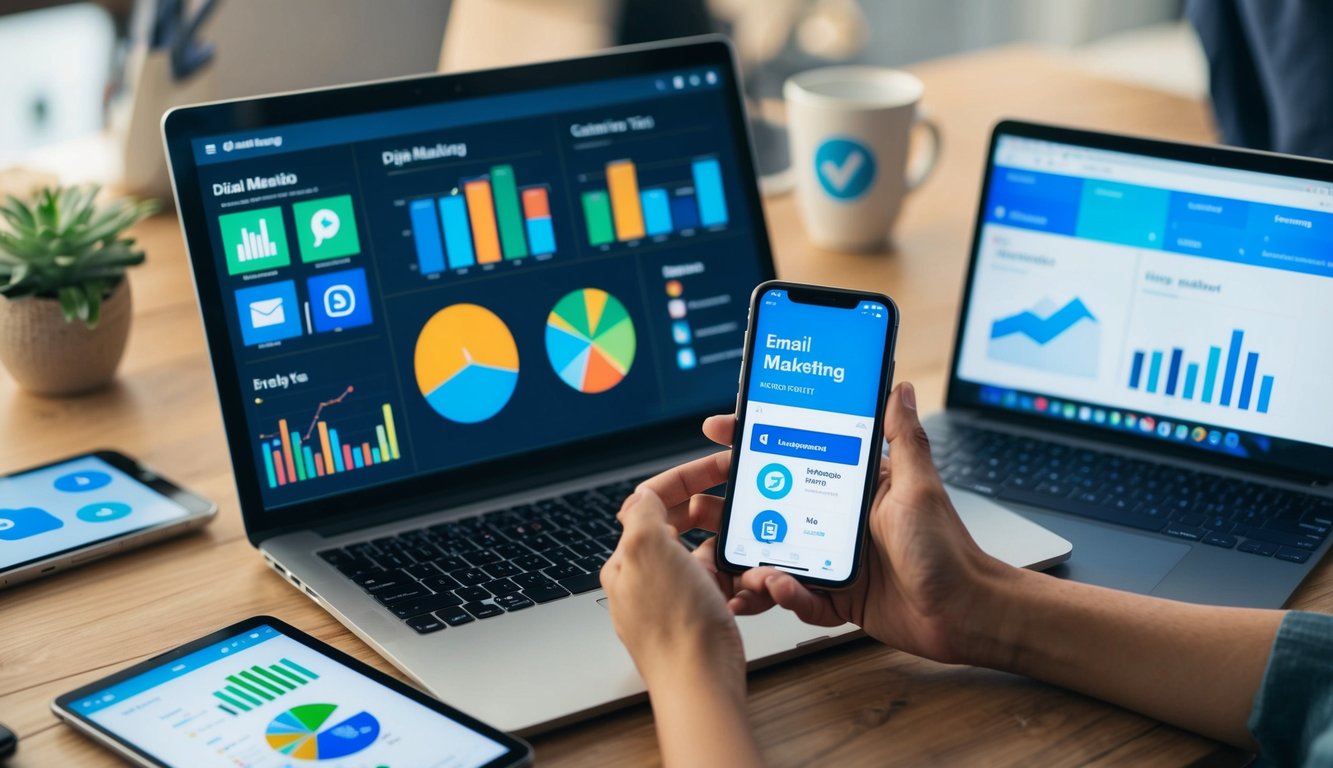 A laptop surrounded by various digital marketing tools and analytics charts. A smartphone displaying social media platforms and a tablet with email marketing software