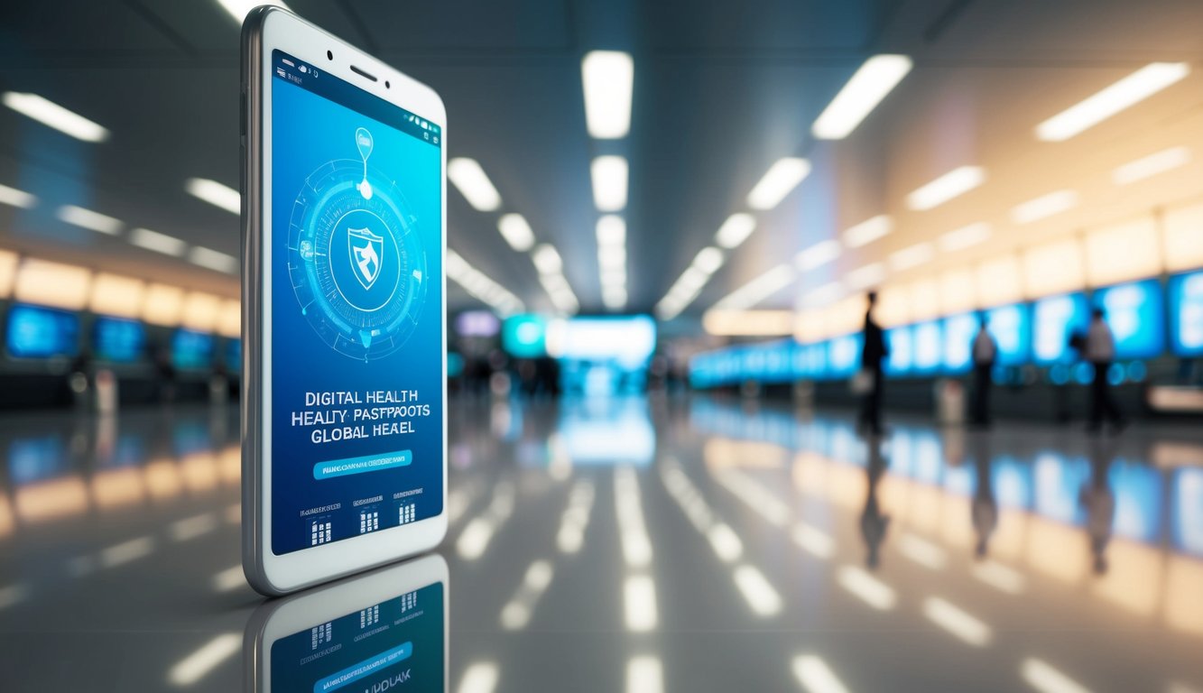 A futuristic airport terminal with travelers using digital health passports for seamless global travel