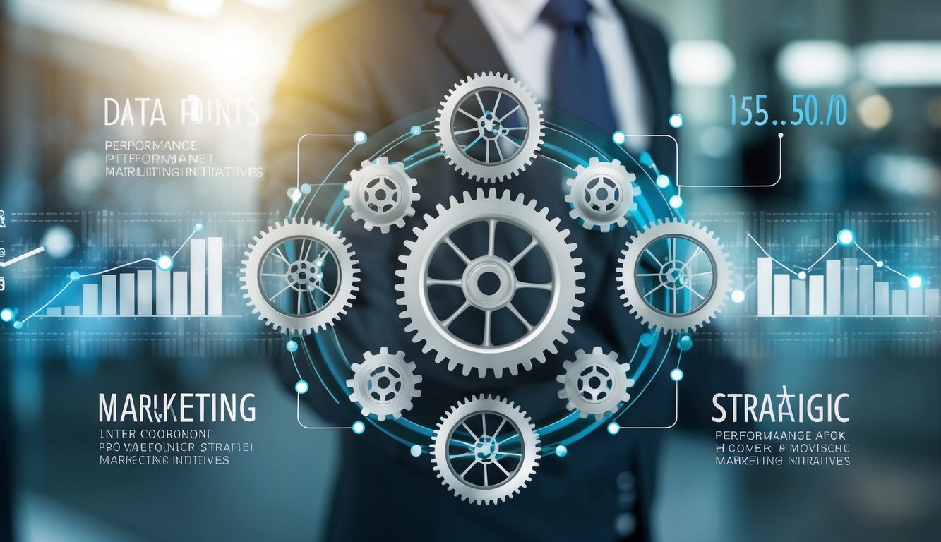 A series of interconnected gears turning, symbolizing the coordination and implementation of strategic marketing initiatives. Data points and graphs surrounding the gears represent performance marketing facts