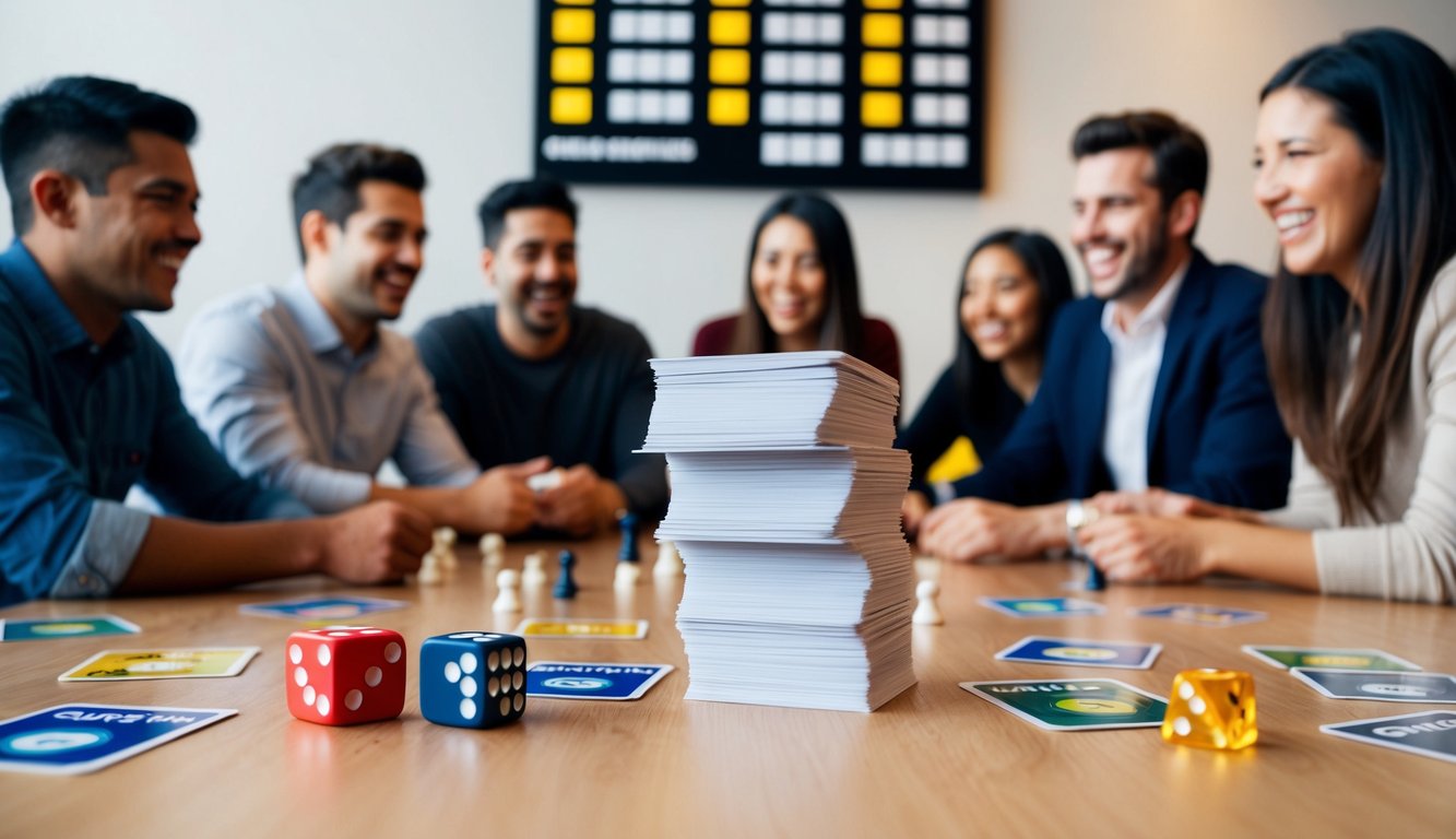 A table with a stack of question cards, a dice, and game pieces. A score board on the wall. Players gathered around, laughing and competing