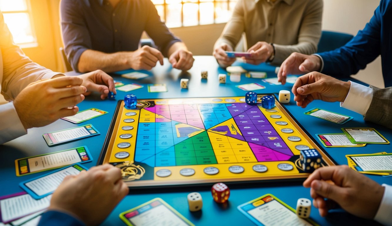 A table with various question cards, a colorful game board, and a set of dice laid out. A group of players gathered around, eagerly participating in the trivia game