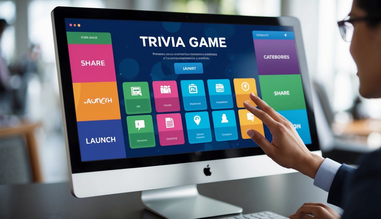 A computer screen displaying a trivia game interface with colorful buttons and categories. A hand reaches out to click on the "share" button, while a "launch" button is highlighted