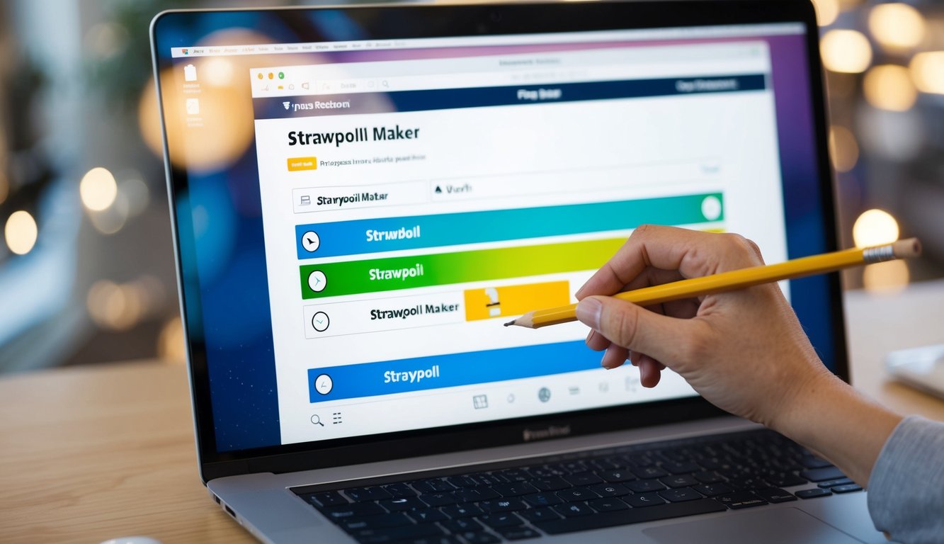 A hand holding a pencil creating a strawpoll maker interface on a computer screen, with various options and buttons visible