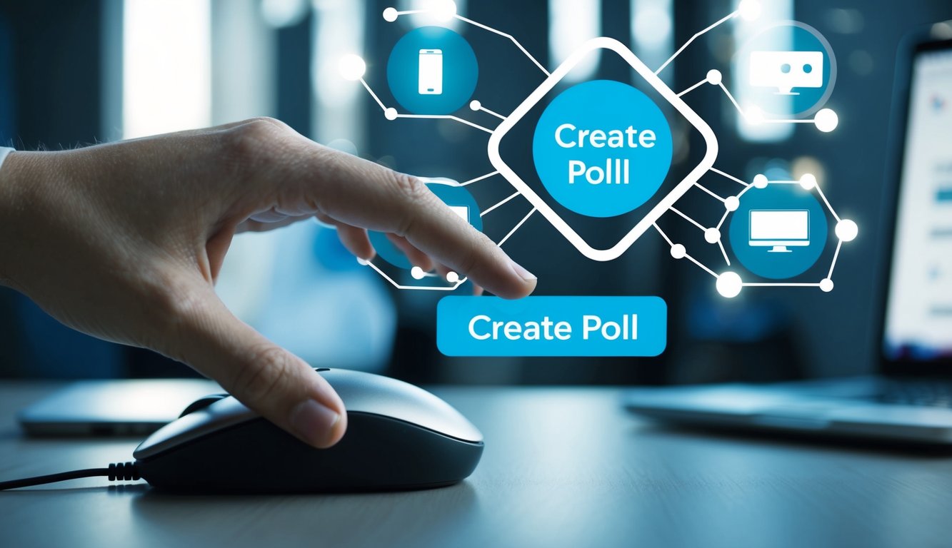 A hand hovering over a computer mouse, clicking on a "Create Poll" button. A network of connected devices in the background symbolizes sharing