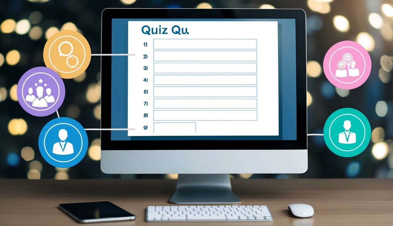 A computer screen with a blank quiz template open, surrounded by colorful icons and images representing different personality traits