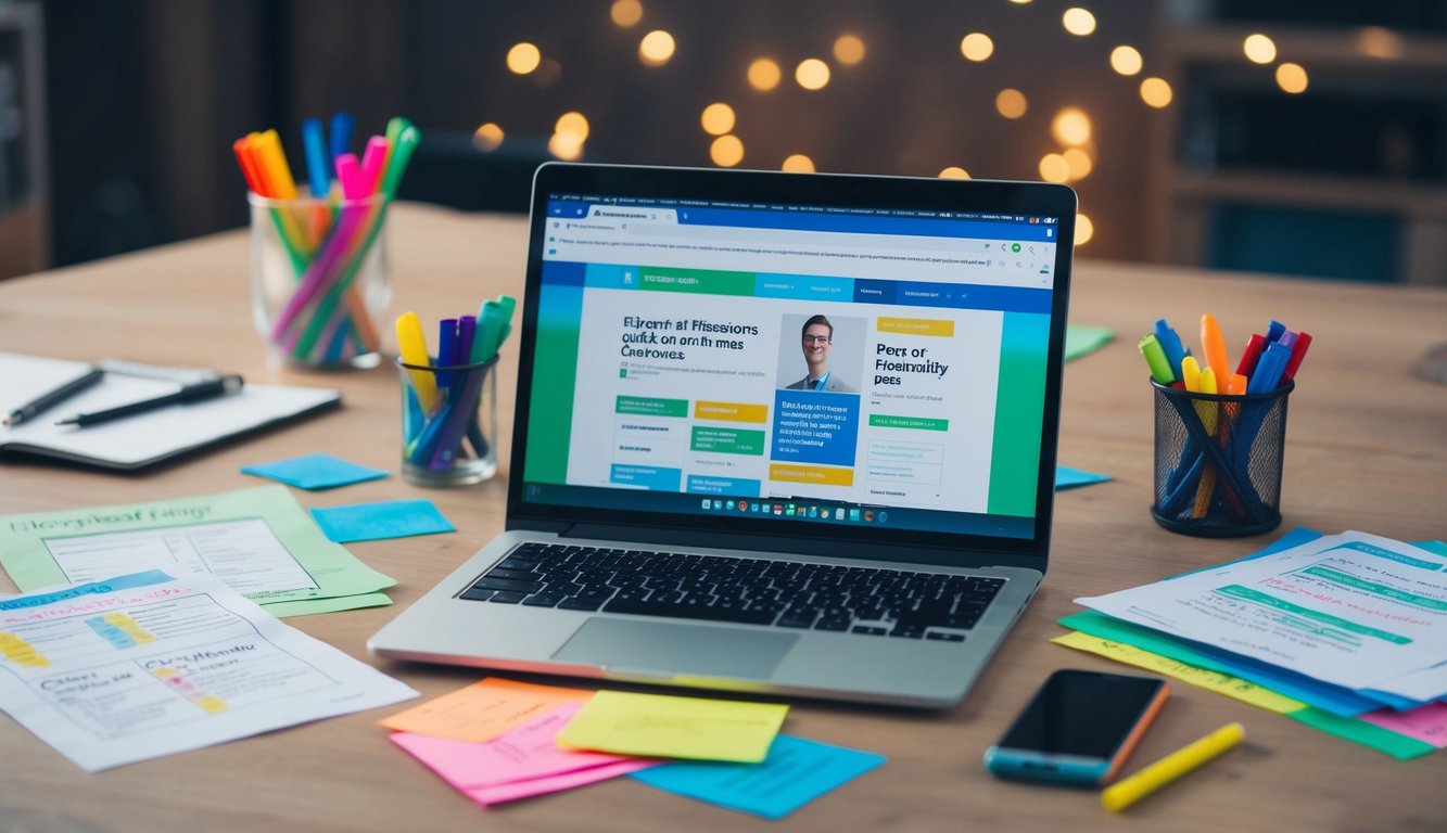 A desk with a laptop open to a website about personality quizzes. Papers with brainstorming notes and colorful markers scattered around