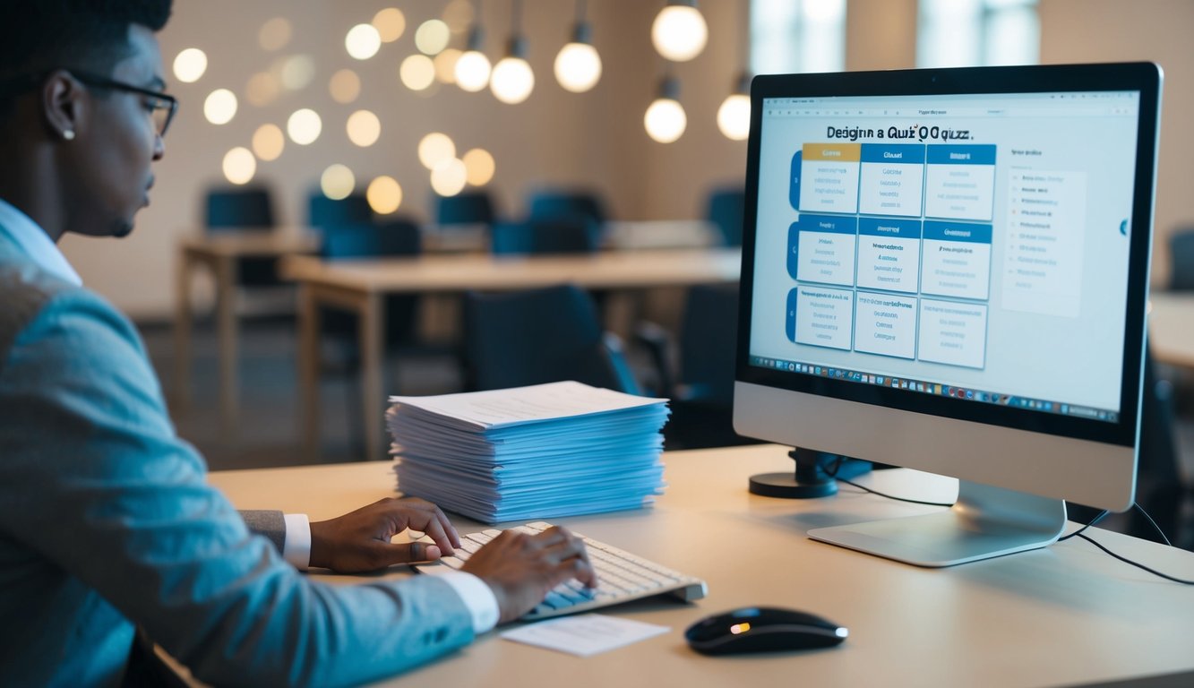 A person at a desk, designing a quiz on a computer. They are clicking and typing, with various quiz questions and answer options displayed on the screen. A stack of printed quizzes sits nearby