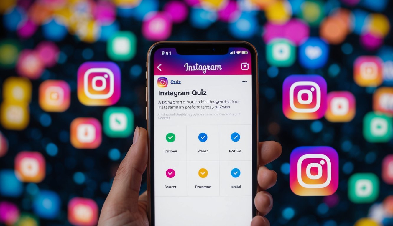 A smartphone displaying an Instagram quiz with multiple-choice options, surrounded by colorful icons and a stylized background