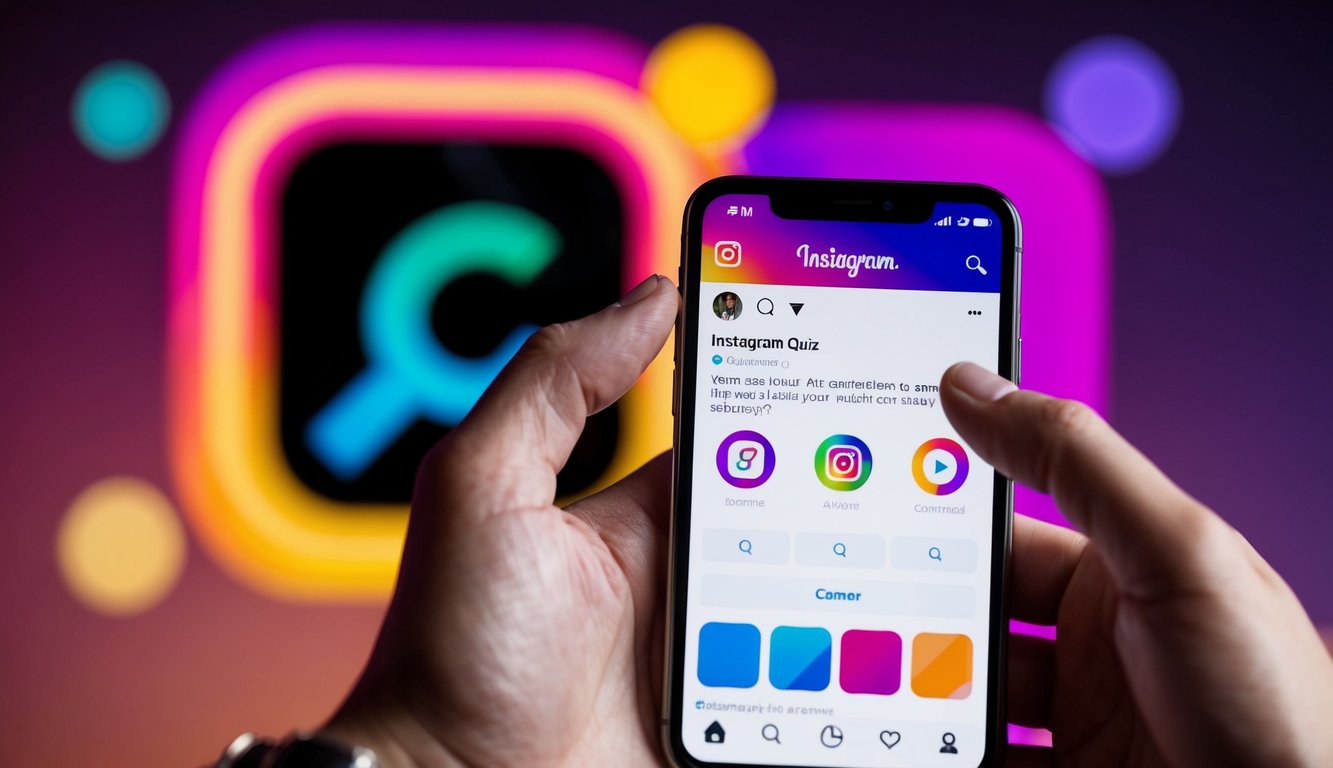 A smartphone displaying an Instagram quiz interface with colorful, engaging graphics. A hand hovers over the screen, ready to select an answer. Vibrant background elements draw attention to the quiz