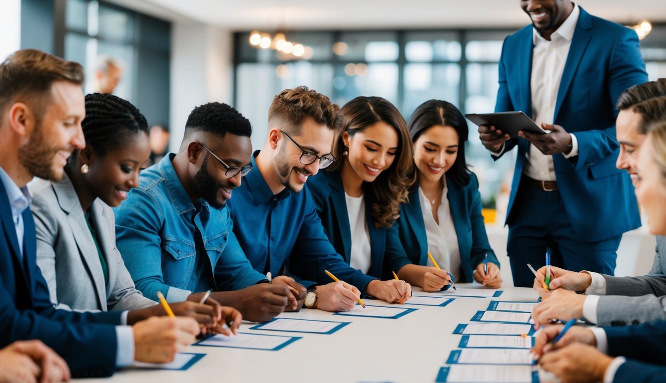 A group of diverse people eagerly fill out quiz forms at a company event, while a cheerful host collects their information