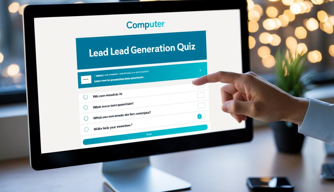 A computer screen displaying an interactive lead generation quiz with multiple choice questions and a progress bar. A hand cursor hovers over the options