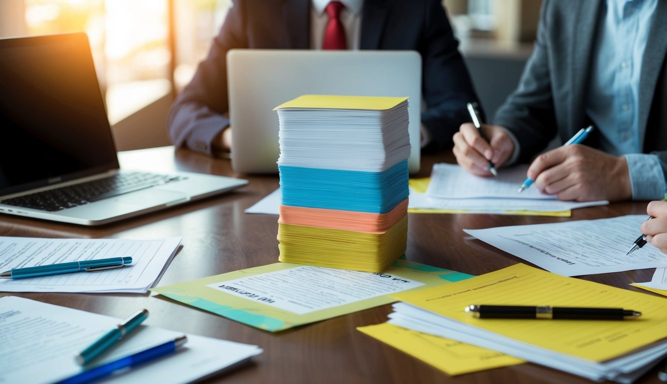 A table with various quiz materials spread out, including papers, pens, and a laptop. A stack of colorful question cards sits in the center