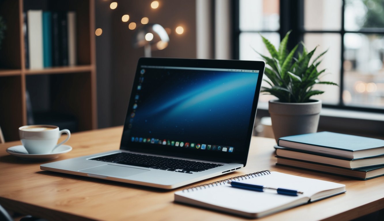 A desk with a laptop, notebook, and pen. A stack of books on the side. A cup of coffee and a potted plant add to the cozy atmosphere