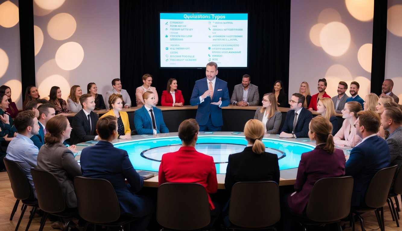 A circle of contestants facing a quizmaster. Various question types displayed on a screen behind them. Audience members eagerly watching and waiting for the next round