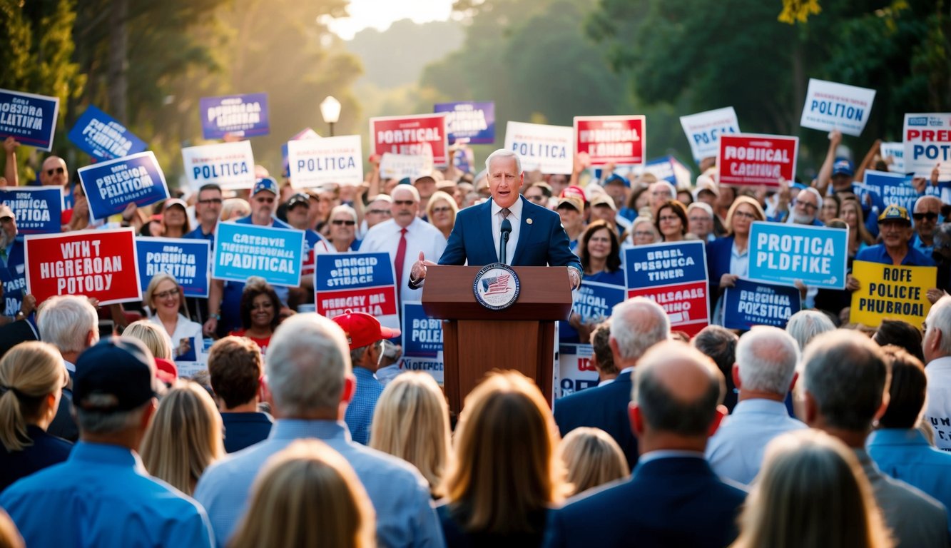 A podium with a microphone surrounded by a crowd of people holding signs and banners with various political slogans