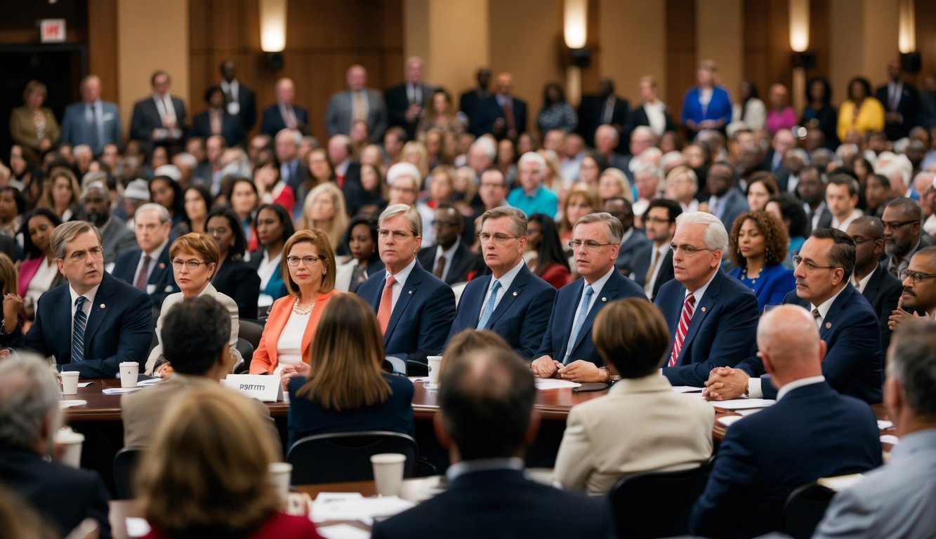 A crowded town hall meeting with diverse audience members, a panel of experts, and a moderator discussing top political questions