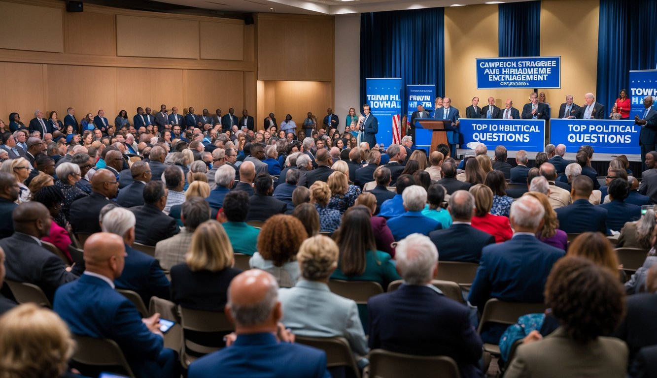 A crowded town hall meeting, with a diverse audience, a stage with a podium, and banners displaying "Campaign Strategies and Public Engagement top 10 political questions."