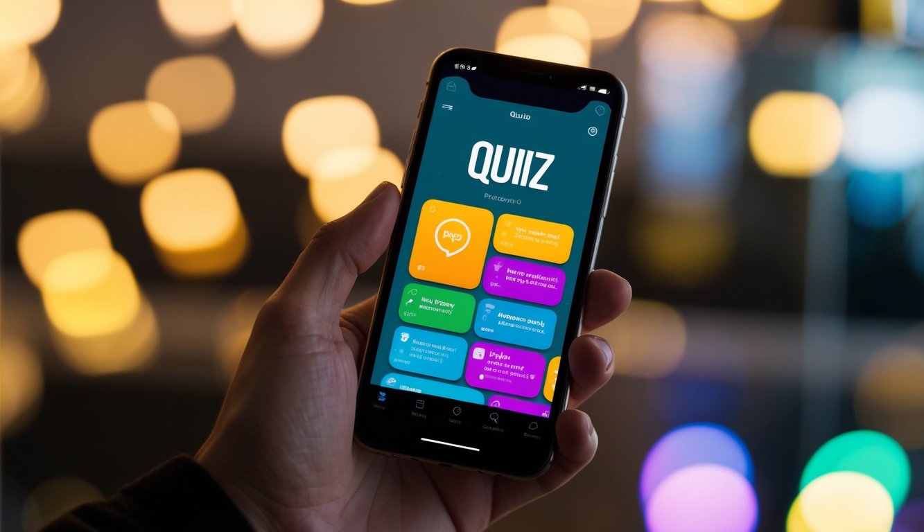 A smartphone displaying a quiz app with colorful, interactive elements and a sleek, modern design. Notifications and likes pop up on the screen