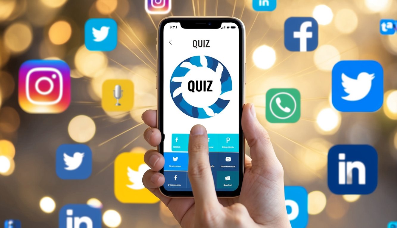 A smartphone with a quiz app open, surrounded by colorful icons and social media logos. A hand hovers over the screen, ready to tap