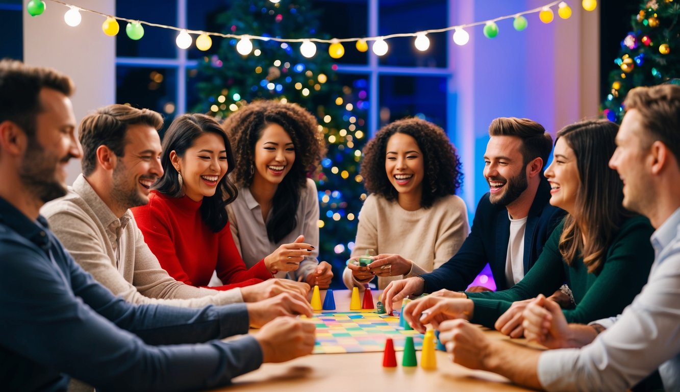 A group of people gather around a table, laughing and smiling as they participate in a lively quiz game. Bright lights and colorful decorations create a festive atmosphere