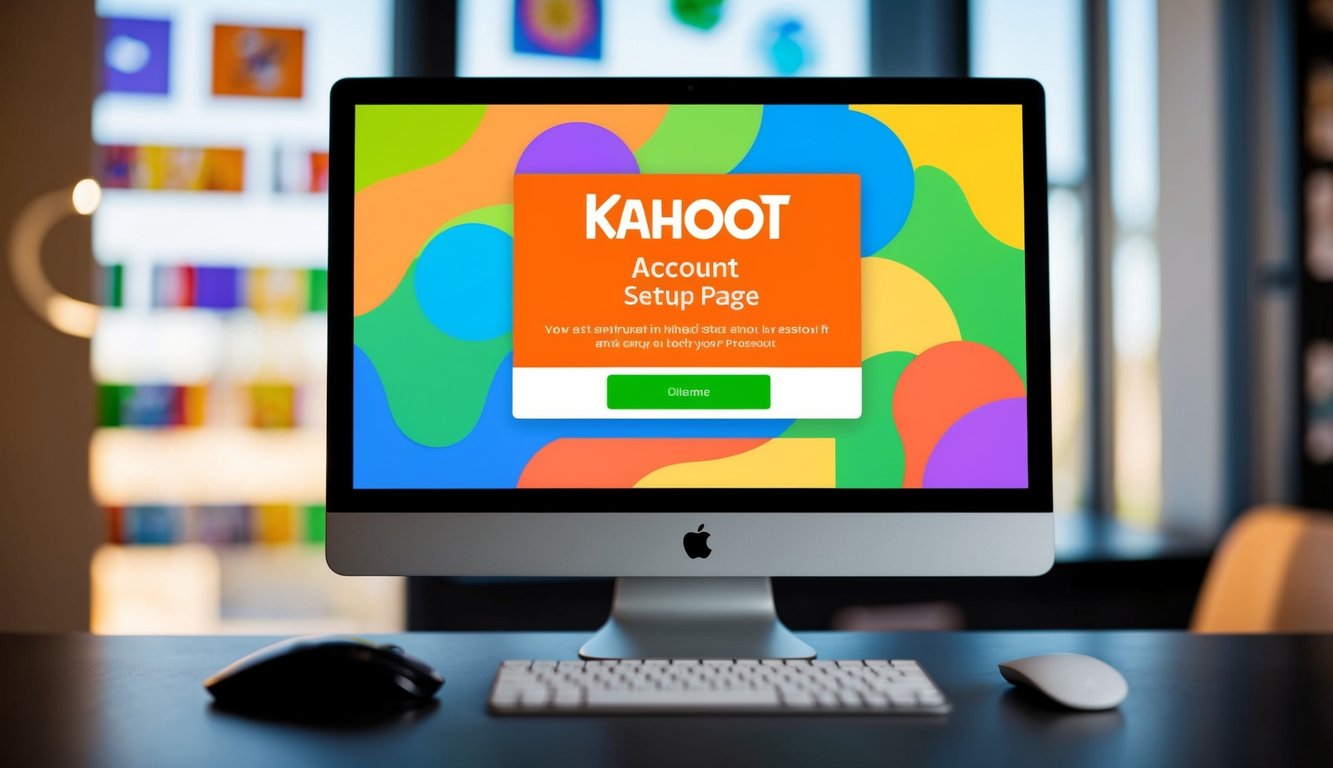 A computer screen displays the Kahoot account setup page with a colorful and engaging design. A mouse hovers over the buttons, ready to click