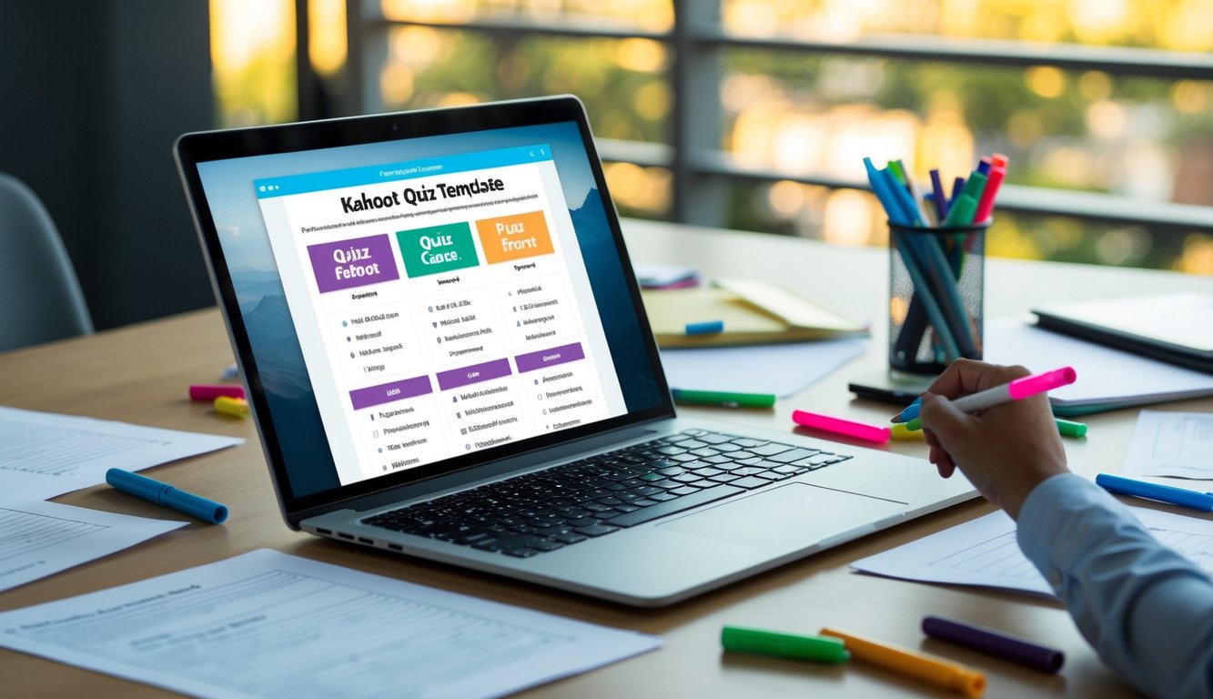 A table with a laptop open to a Kahoot quiz template. Papers, pens, and colorful markers scattered around