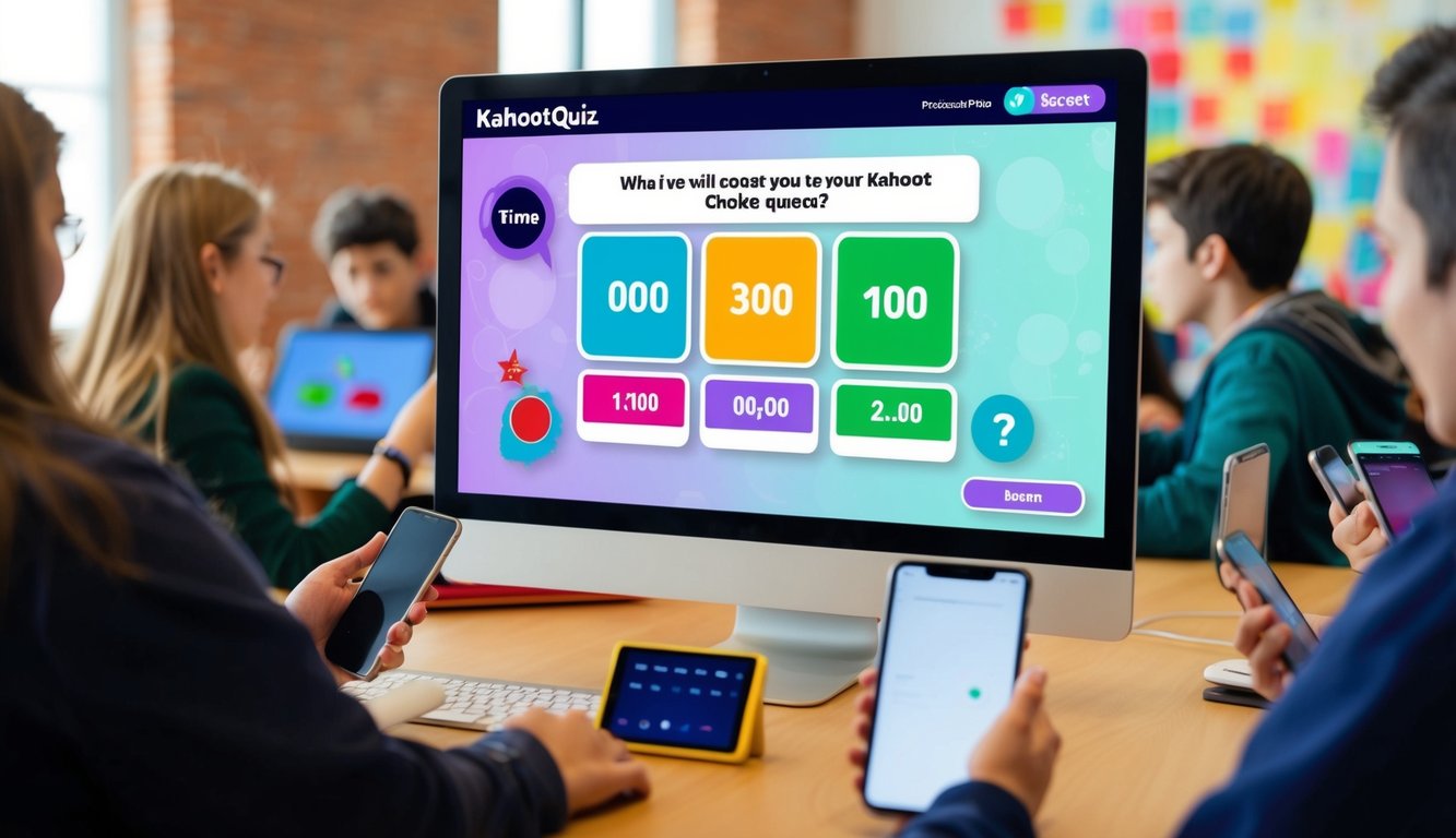 A computer screen displaying a colorful and interactive Kahoot quiz with multiple choice questions and a timer. Students are seen eagerly participating with their devices