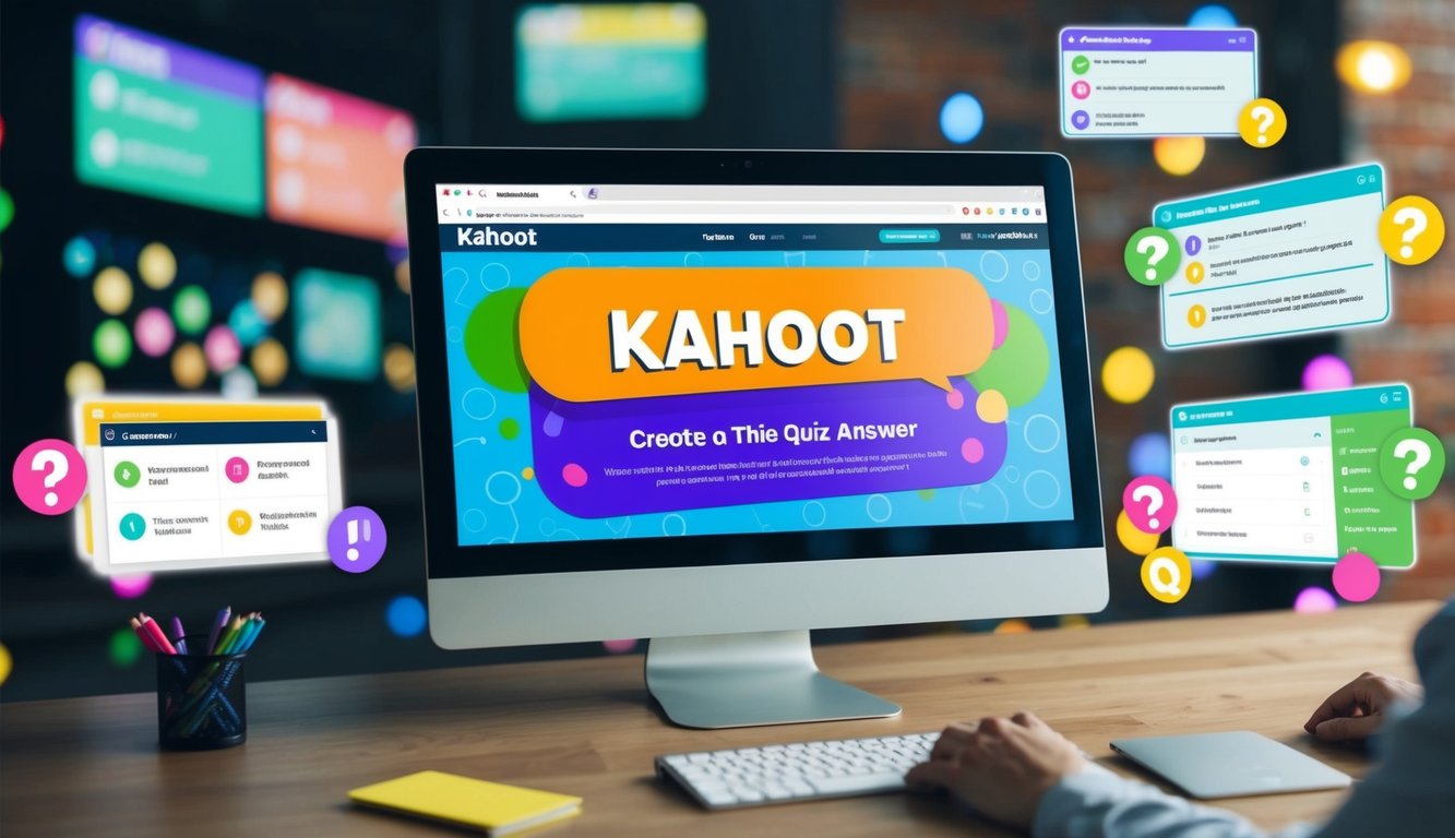 A computer screen displaying the Kahoot website with a colorful and interactive quiz being created, surrounded by a variety of question types and answer options