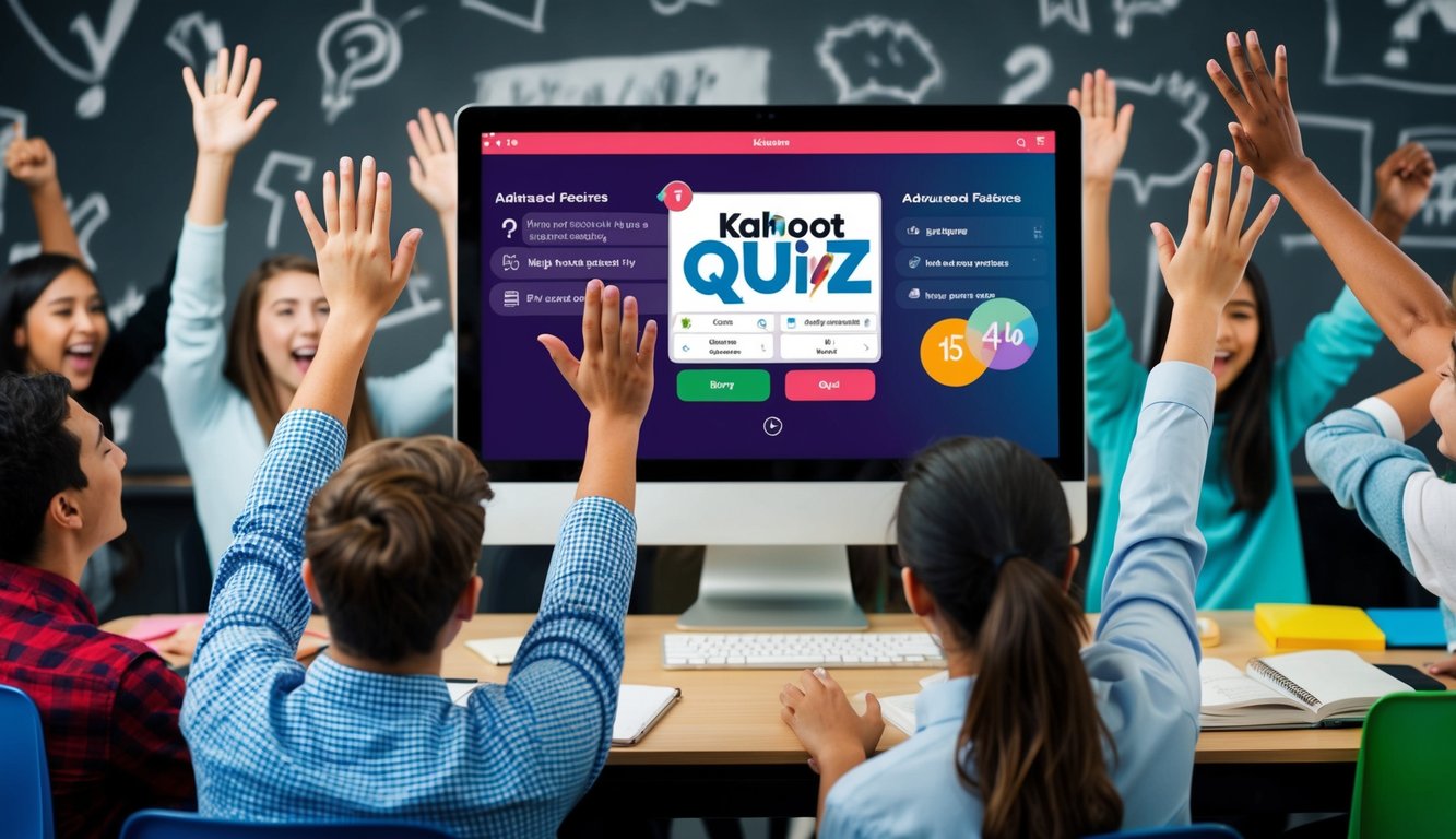 A computer screen displaying a Kahoot quiz with advanced features, surrounded by excited students raising their hands to answer