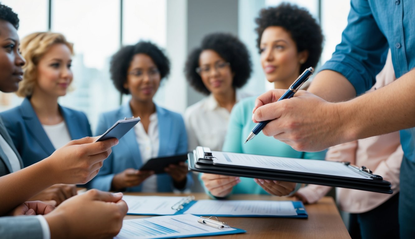 A person conducting a survey with a clipboard and pen, asking multiple choice and numerical questions to a diverse group of respondents