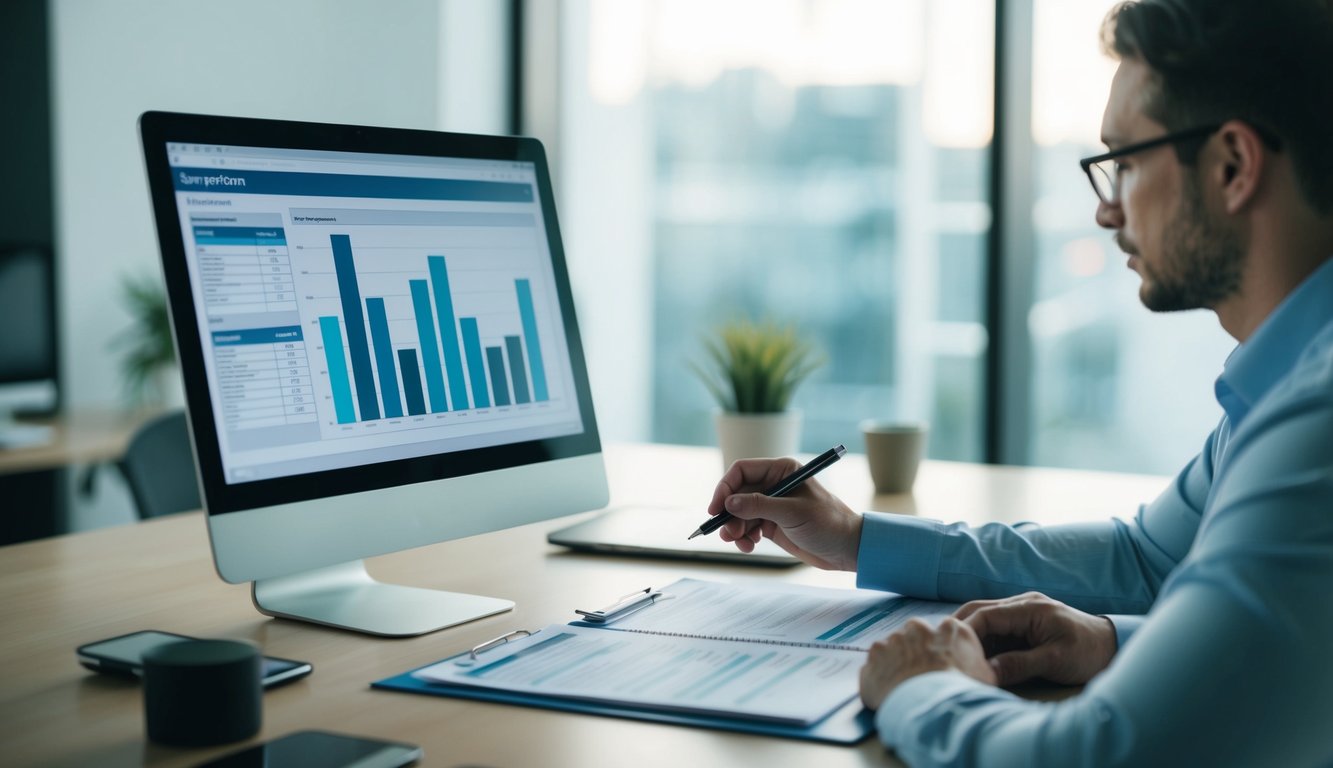 A desk with a computer, survey forms, and a pen. A person analyzing data on a chart