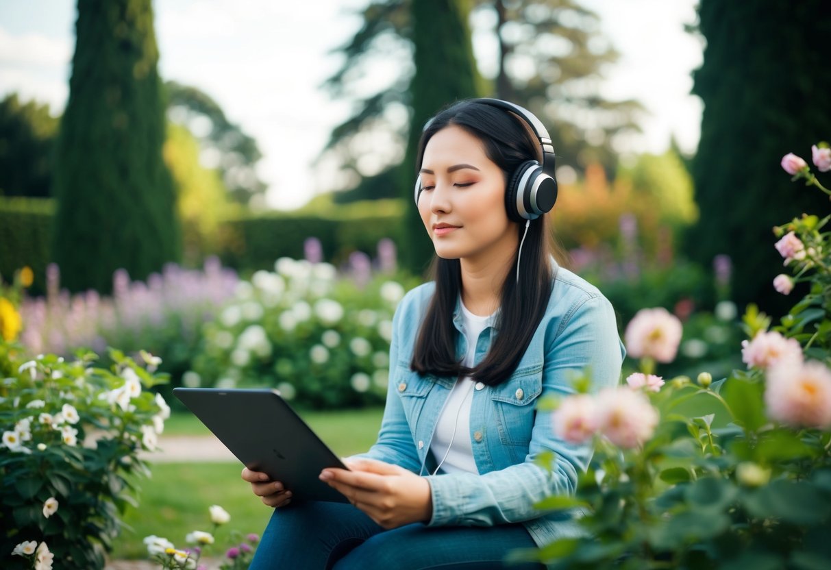 A person sitting in a peaceful garden, surrounded by blooming flowers and tall trees, listening to music through headphones with a serene expression on their face