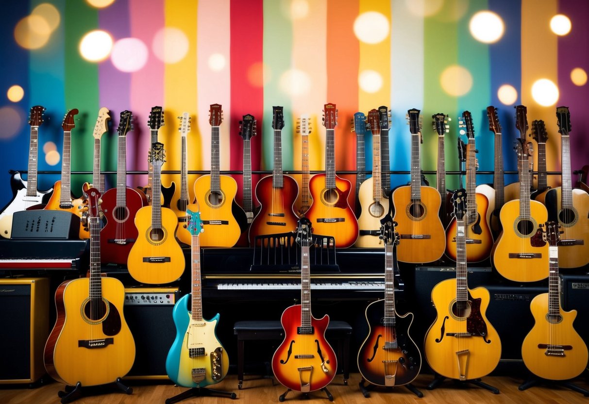 A variety of musical instruments, including guitars, pianos, and drums, are arranged in a colorful and vibrant display, representing the diverse genres and styles of music