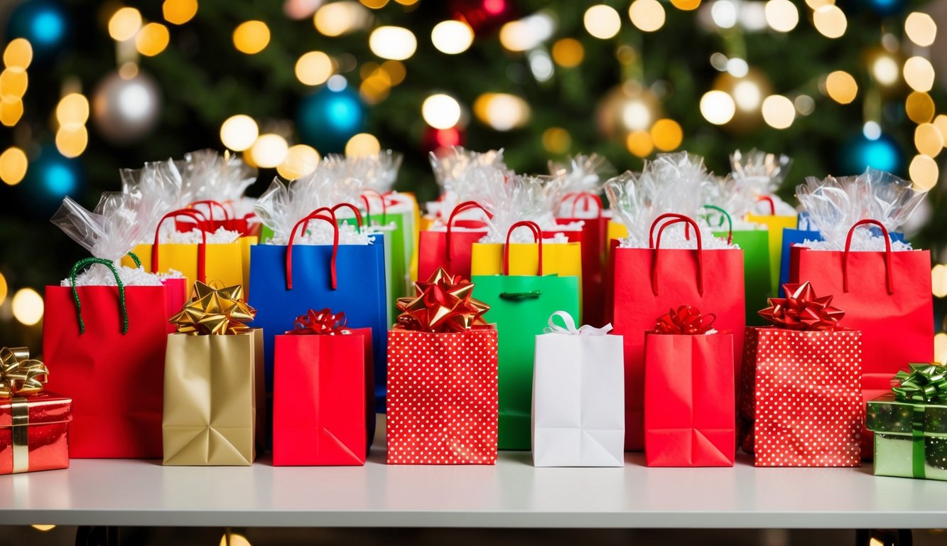 A table with various prizes arranged neatly. Gift bags, boxes, and ribbons add to the festive display