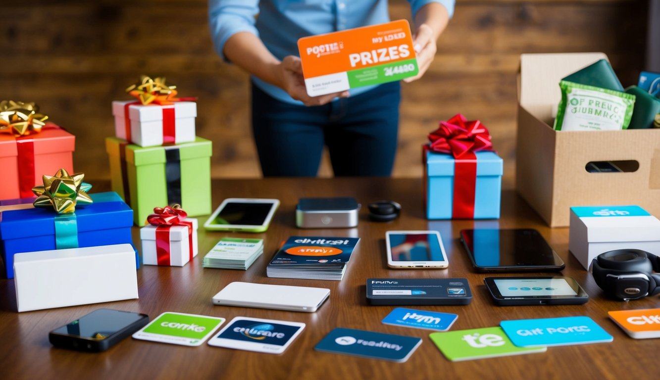 A table with various prizes laid out, including gift cards, electronics, and merchandise. A person is seen organizing and planning the giveaway