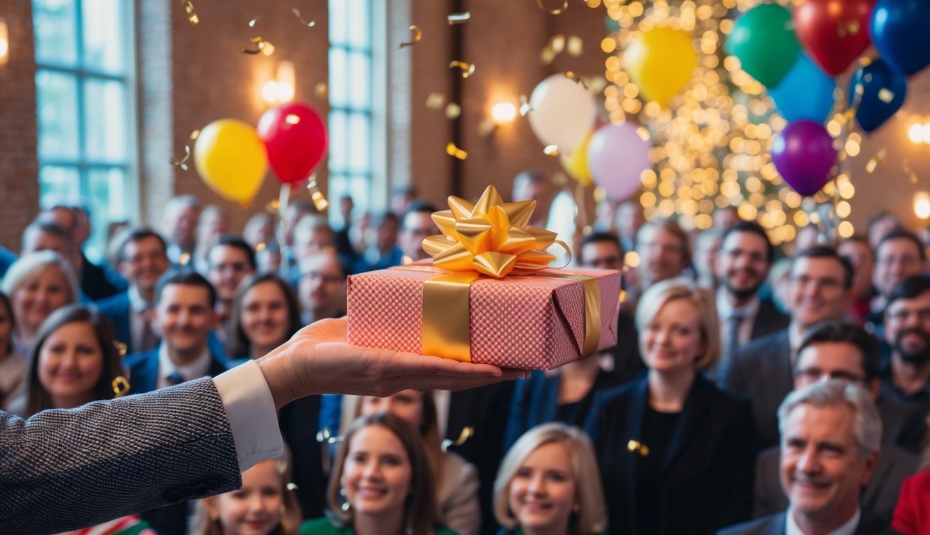 A hand reaches out to present a wrapped gift while a crowd eagerly waits. Balloons and confetti add to the festive atmosphere