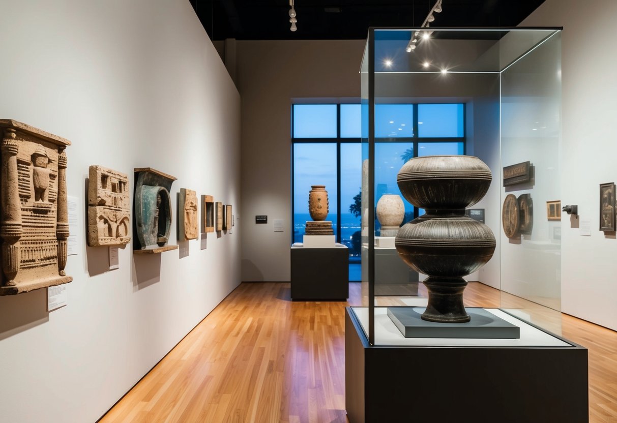 A museum exhibit displays ancient artifacts alongside modern art, emphasizing the importance of historical context in understanding contemporary art