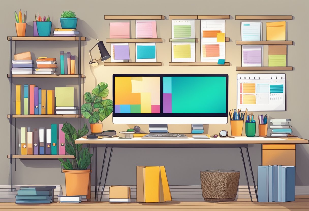 A cozy home office with a desk, computer, and shelves filled with colorful product samples. A calendar and planner are open, with sticky notes and pens scattered around