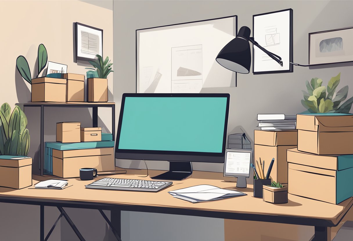 A cozy home office with a desk, computer, and packaging supplies. A stack of branded subscription boxes sits ready for shipping