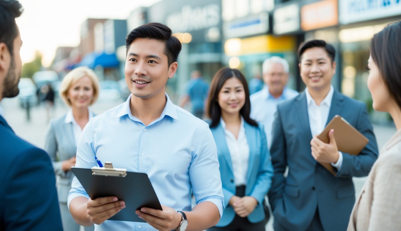 A person holding a clipboard and pen, approaching different individuals to ask them questions. The background shows various businesses and consumers