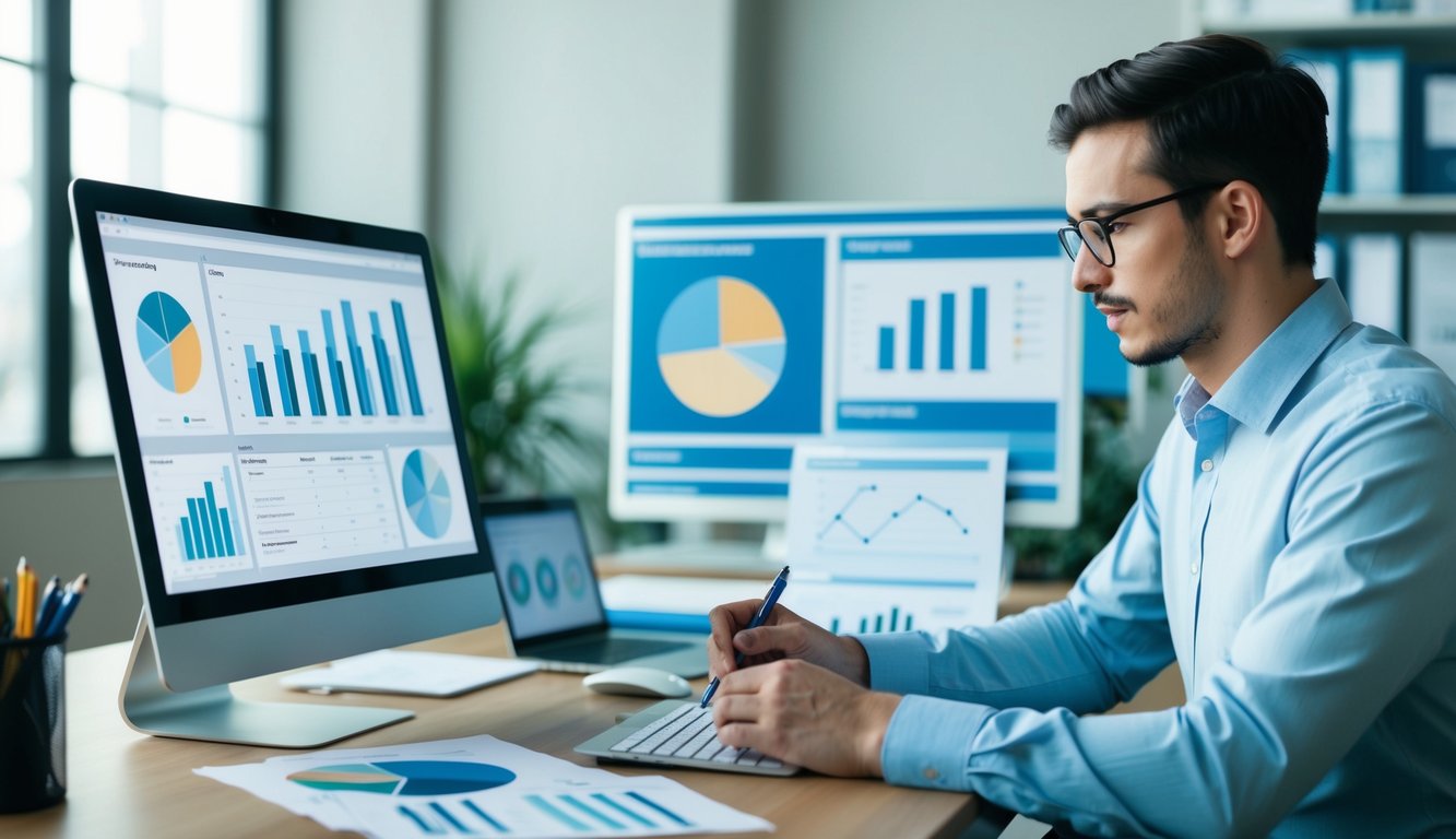 A person sitting at a desk with a computer, surrounded by charts, graphs, and survey forms. They are carefully analyzing data and making notes