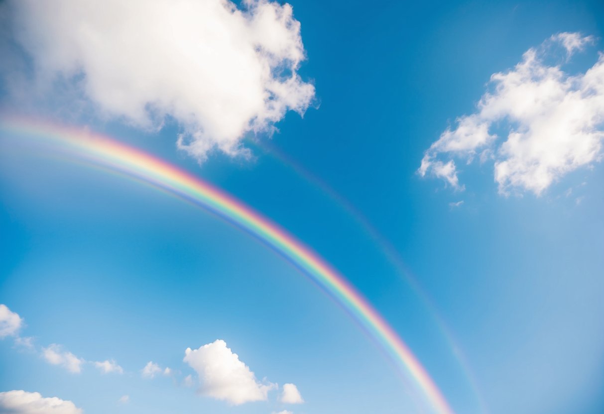 A vibrant rainbow arches across a clear blue sky, its colors blending and shimmering in the sunlight